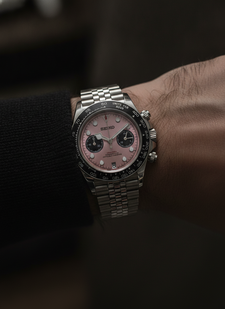 Montre Seiko Mod SEIKODOR chrono rose portée au poignet