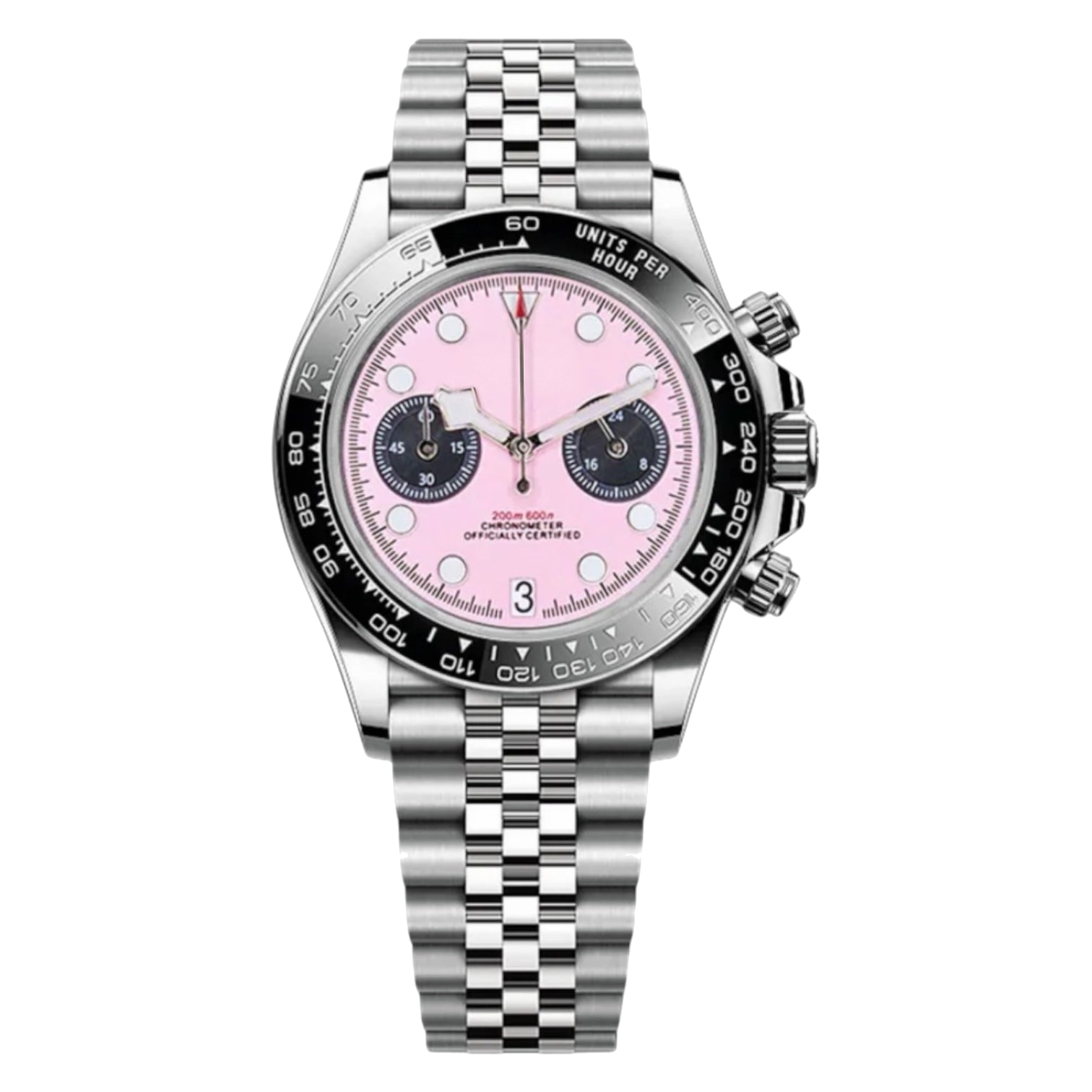 Montre Seiko mod SEIKODOR chrono rose, sur fond blanc — Time2Seiko