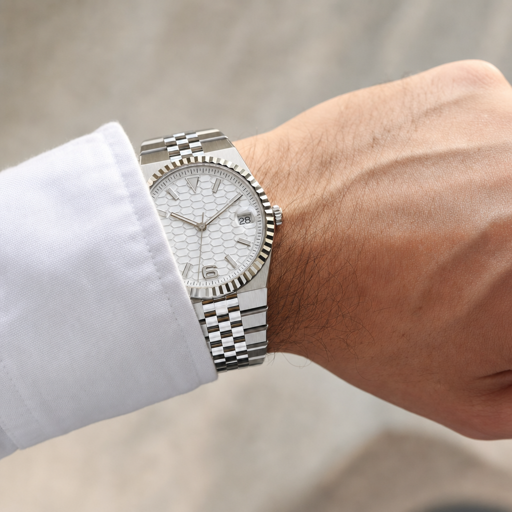 Montre Seiko mod SEIKODWELLER blanche portée au poignet — Time2Seiko