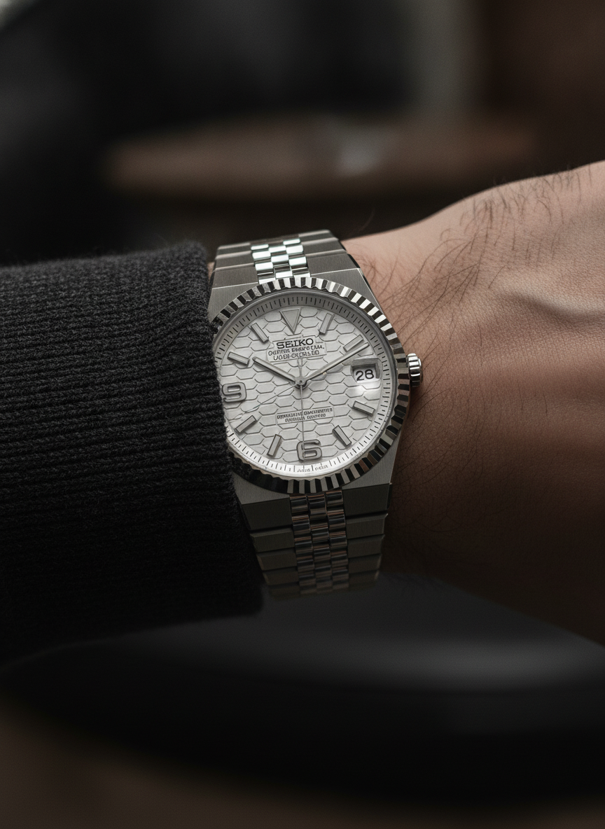 Montre Seiko Mod SEIKODWELLER blanche portée au poignet