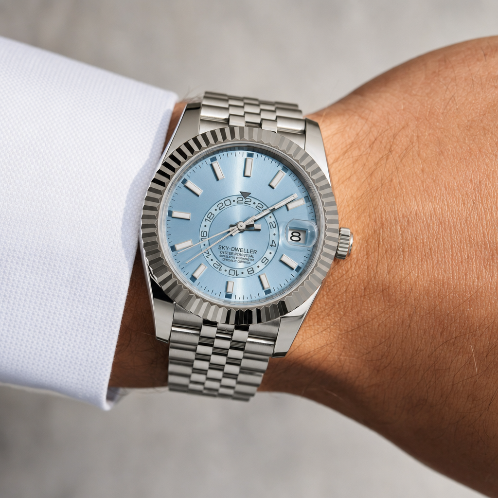 Montre Seiko mod SEIKODWELLER bleu glacier II portée au poignet — Time2Seiko