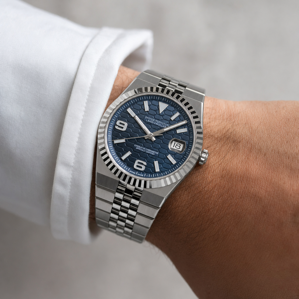 Montre Seiko mod SEIKODWELLER bleu marine portée au poignet — Time2Seiko