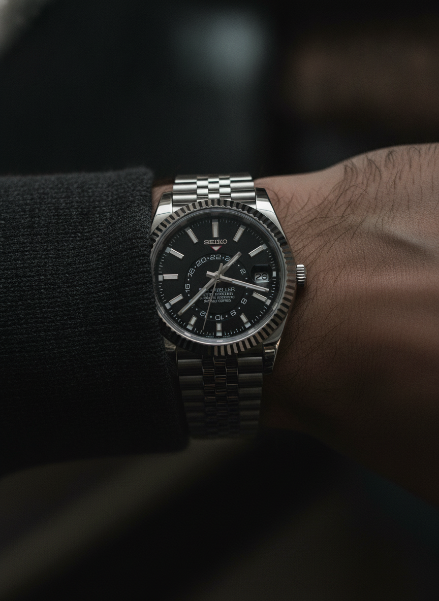 Montre Seiko Mod SEIKODWELLER noire portée au poignet