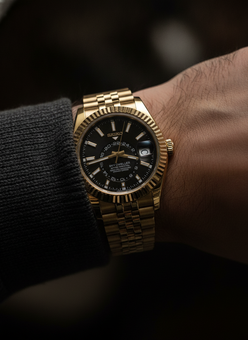Montre Seiko Mod SEIKODWELLER or noire portée au poignet