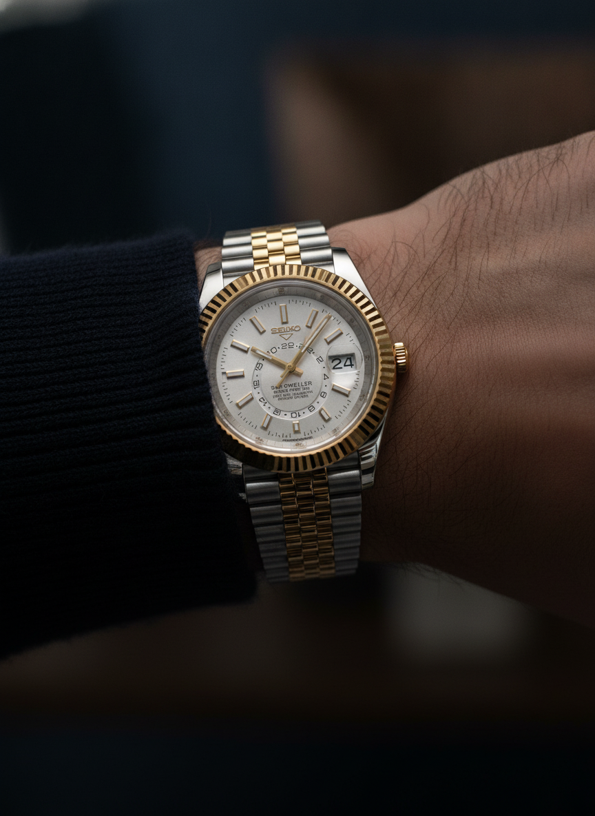 Montre Seiko Mod SEIKODWELLER two-tone or blanche portée au poignet