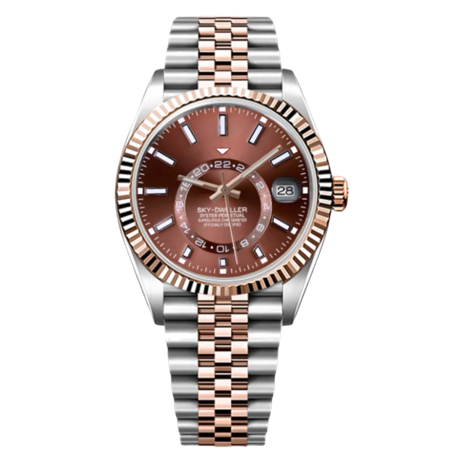 Montre Seiko mod SEIKODWELLER two-tone or rose, sur fond blanc — Time2Seiko