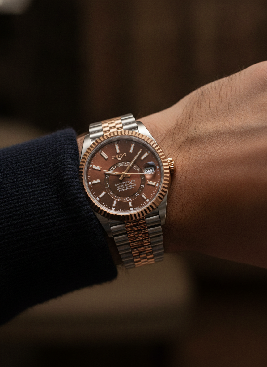 Montre Seiko Mod SEIKODWELLER two-tone or rose portée au poignet
