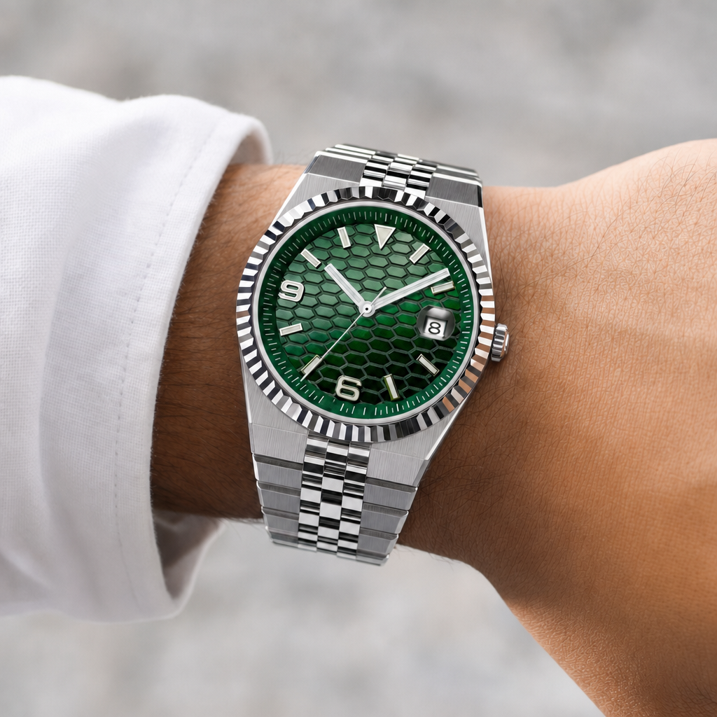 Montre Seiko mod SEIKODWELLER verte portée au poignet — Time2Seiko