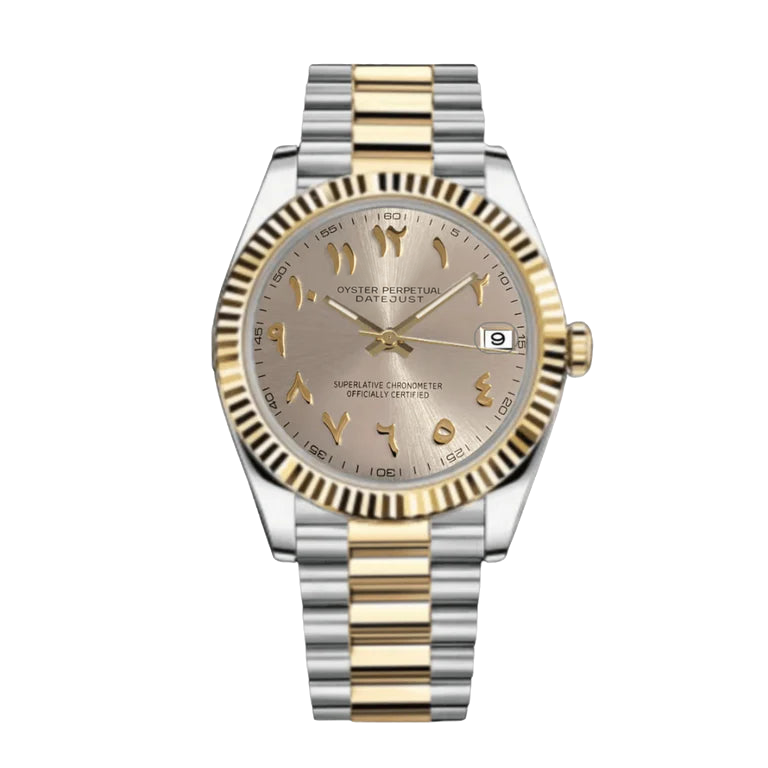 Montre Seiko mod SEIKOJUST beige or blanc arabic, sur fond blanc — Time2Seiko