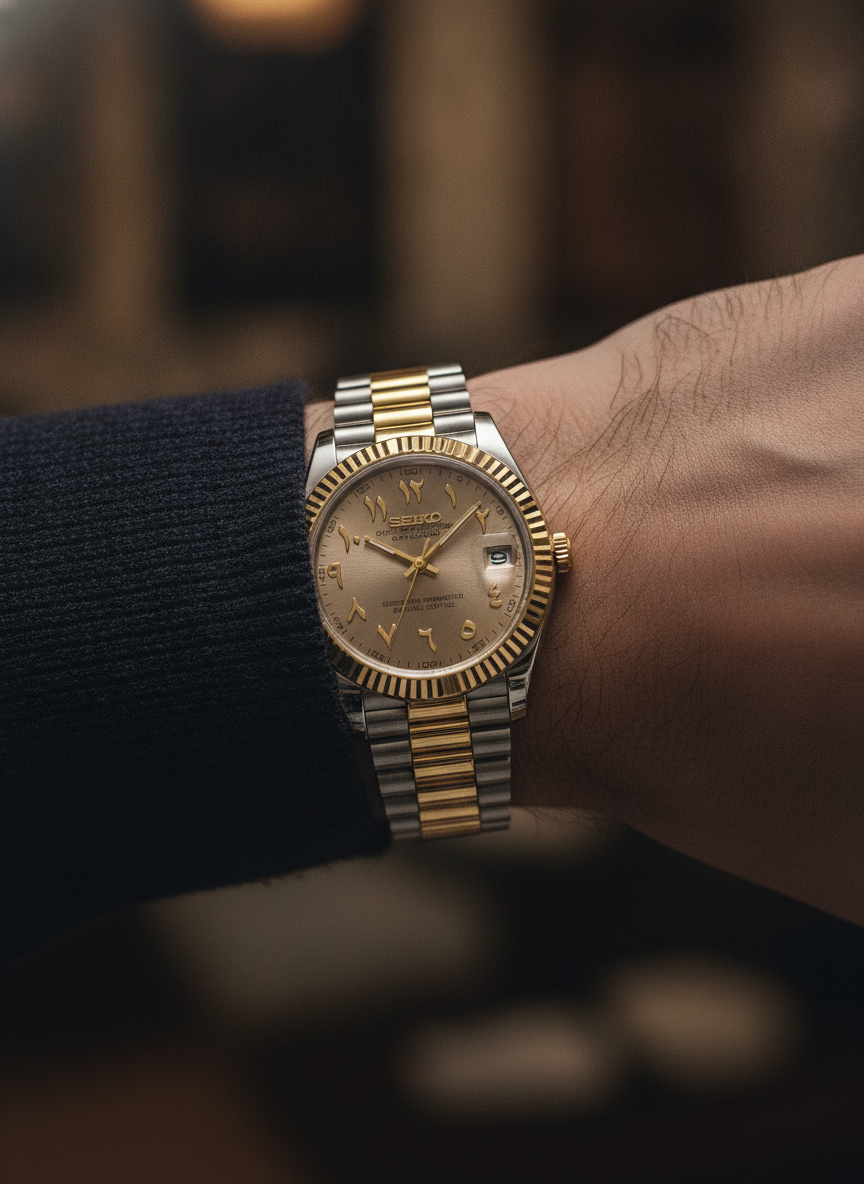 Montre Seiko Mod SEIKOJUST beige or blanc arabic portée au poignet