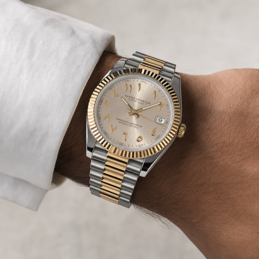 Montre Seiko mod SEIKOJUST beige or blanc arabic portée au poignet — Time2Seiko