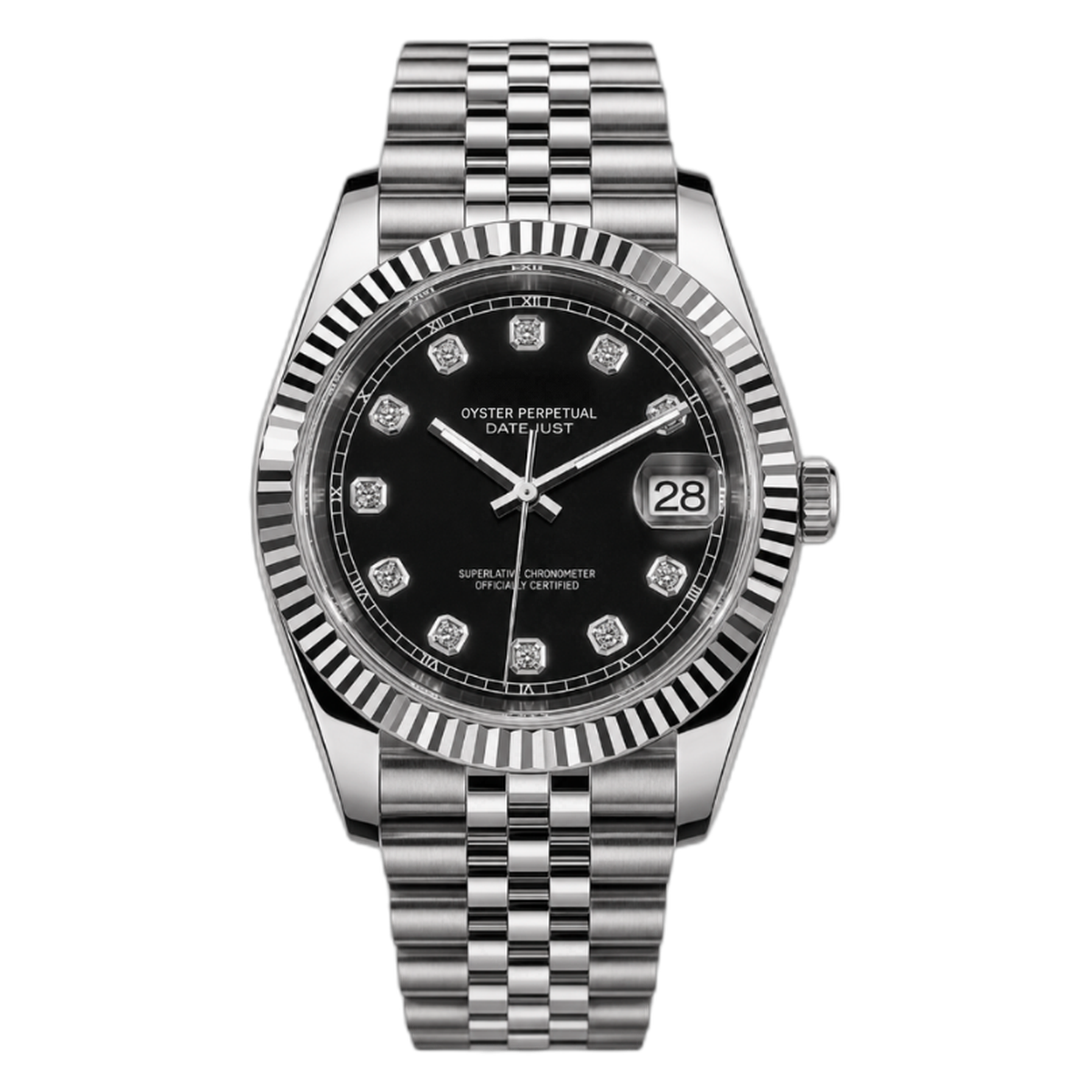 Montre Seiko mod SEIKOJUST black diamond, sur fond blanc — Time2Seiko