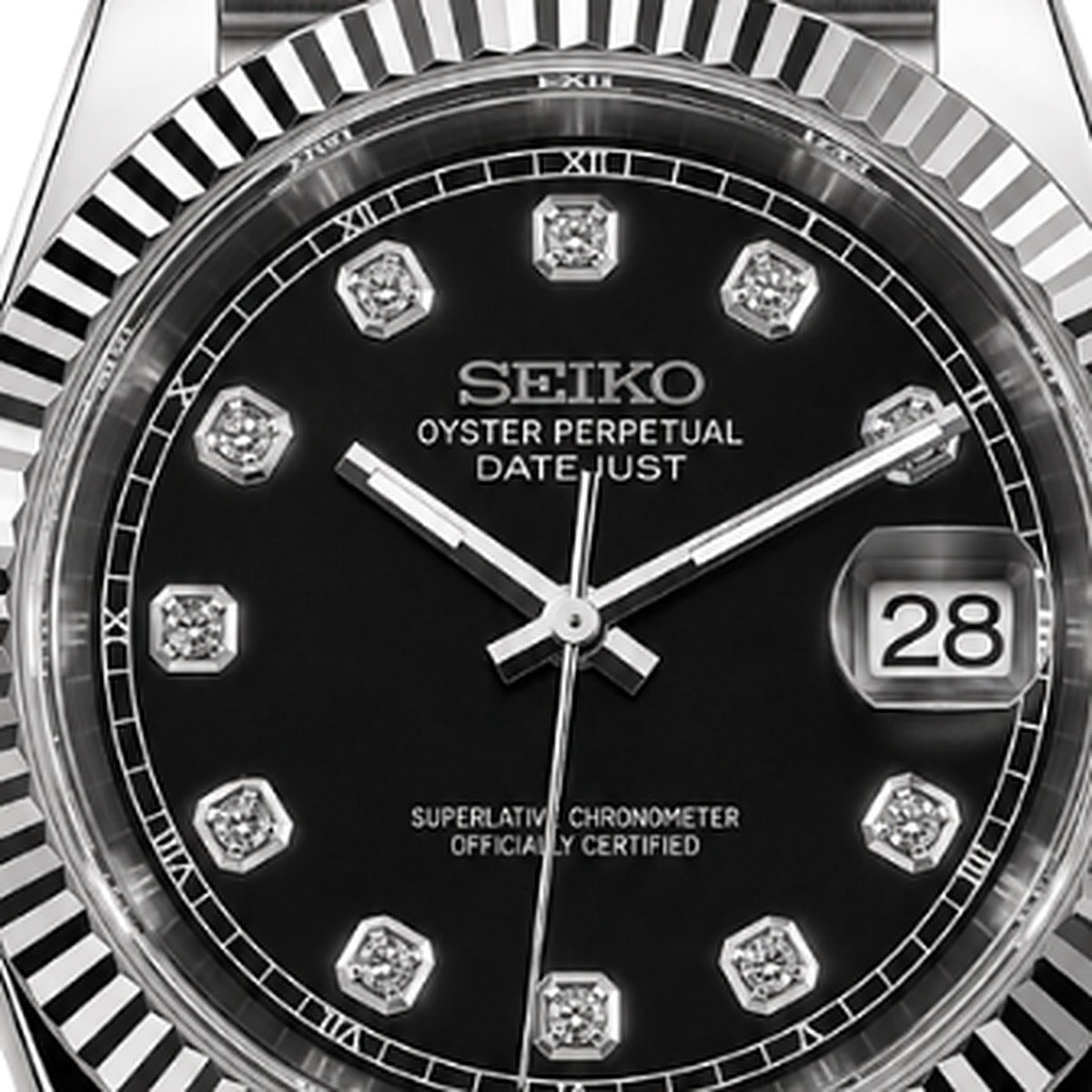 SEIKOJUST black diamond — black dial close-up, diamond markers — Time2Seiko