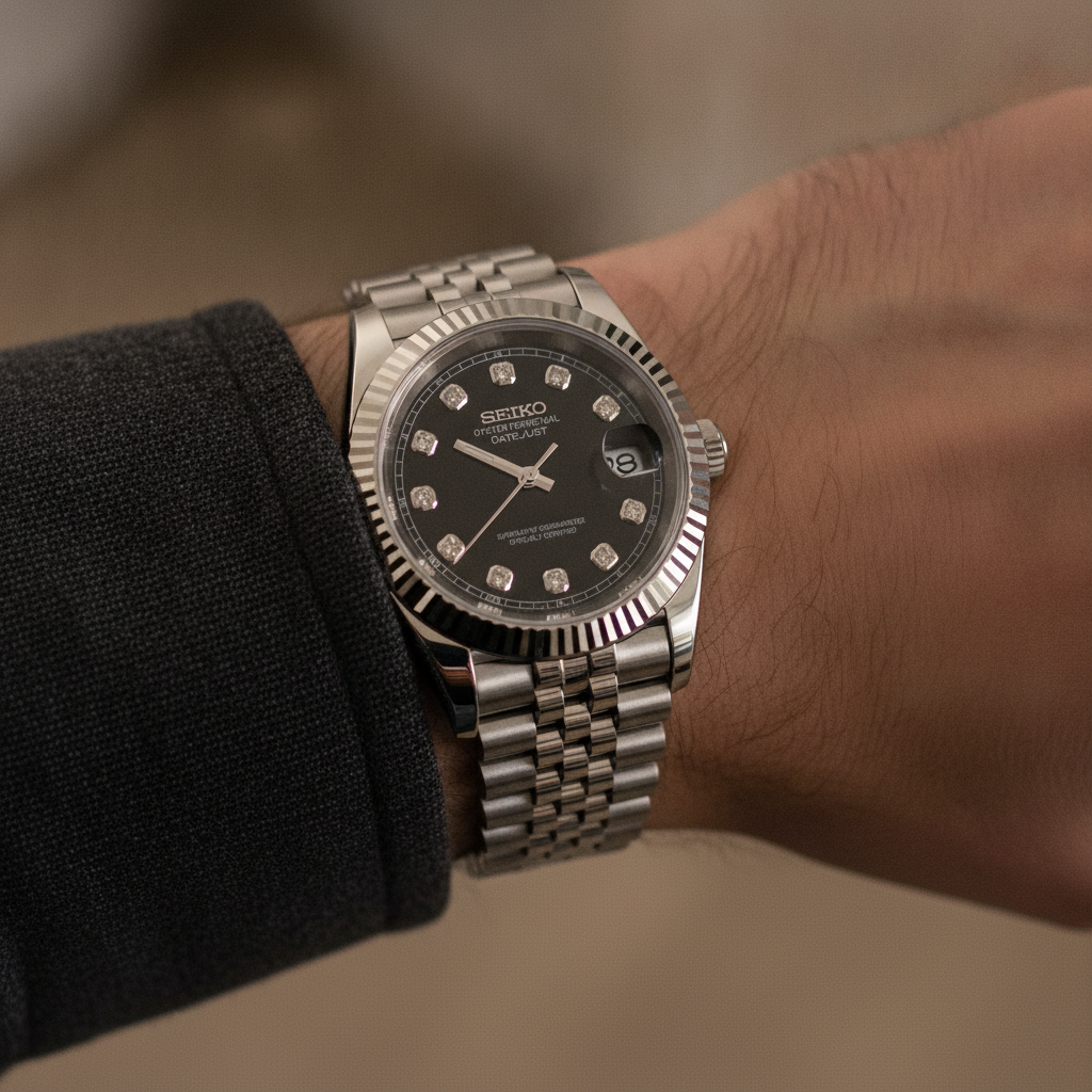SEIKOJUST black diamond — watch worn on the wrist, Jubilee bracelet — Time2Seiko