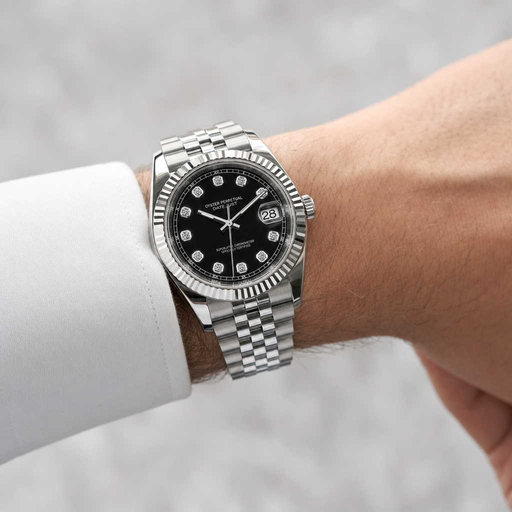 Montre Seiko mod SEIKOJUST black diamond portée au poignet — Time2Seiko