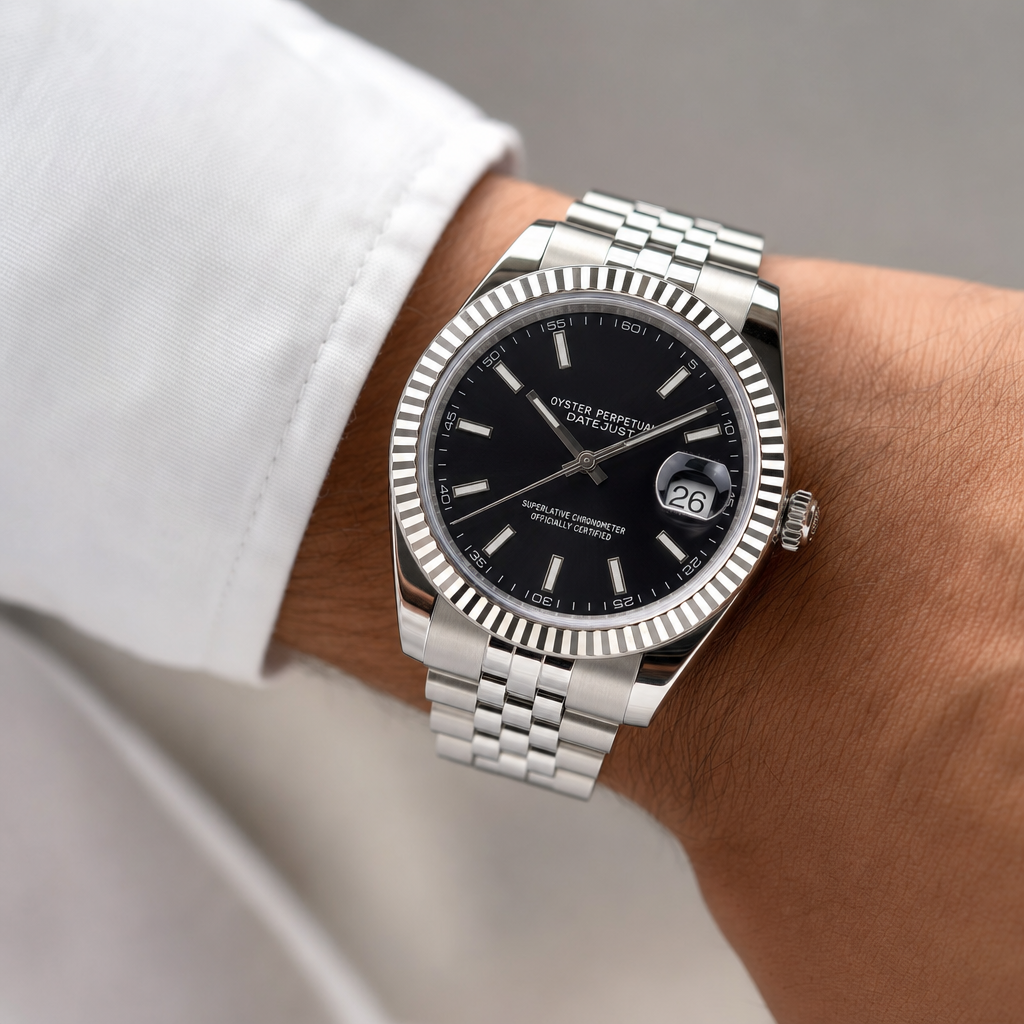 Montre Seiko mod SEIKOJUST black portée au poignet — Time2Seiko