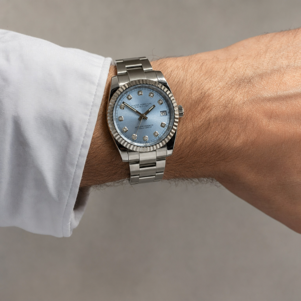 Montre Seiko mod SEIKOJUST blue diamond portée au poignet — Time2Seiko
