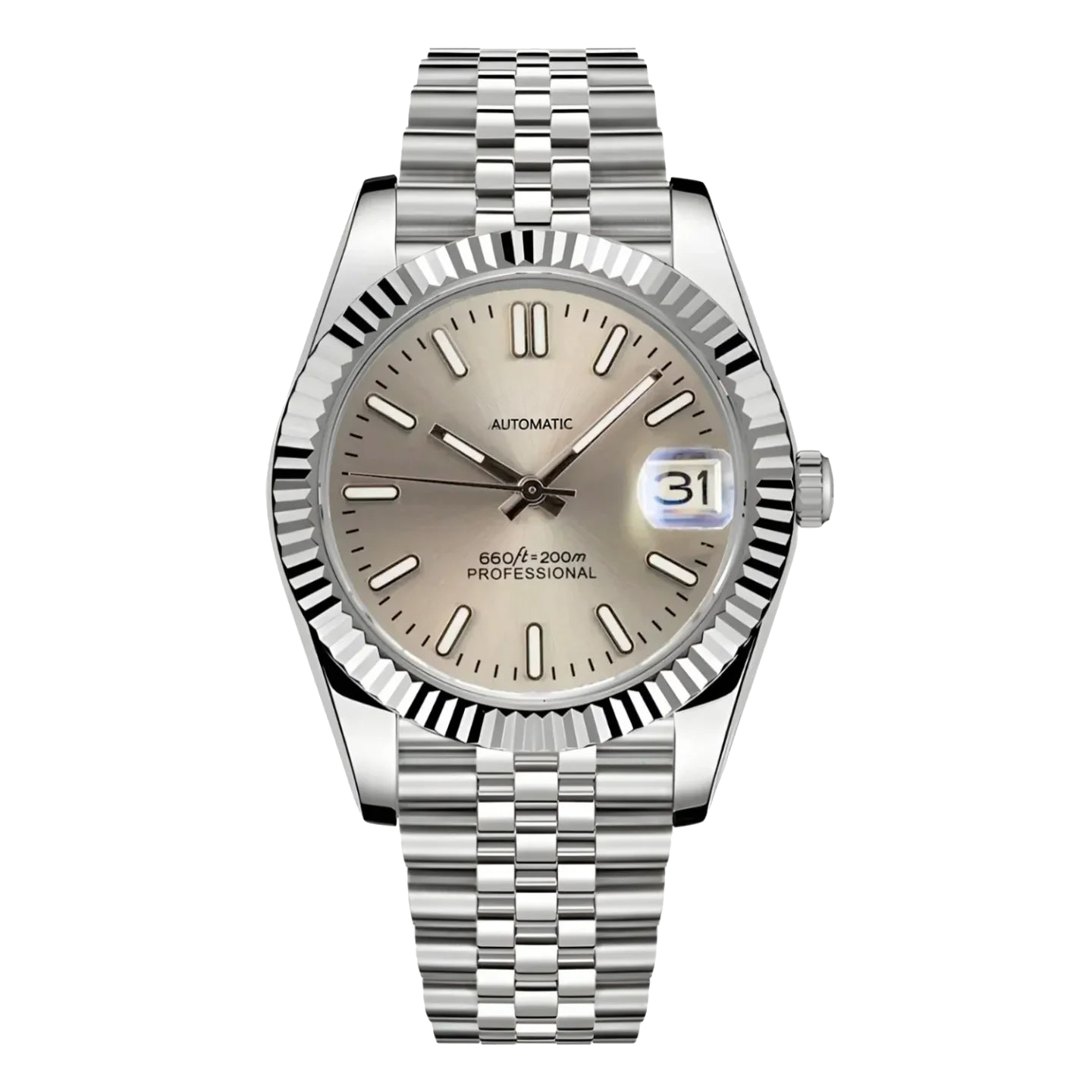 Montre Seiko mod SEIKOJUST champagne, sur fond blanc — Time2Seiko