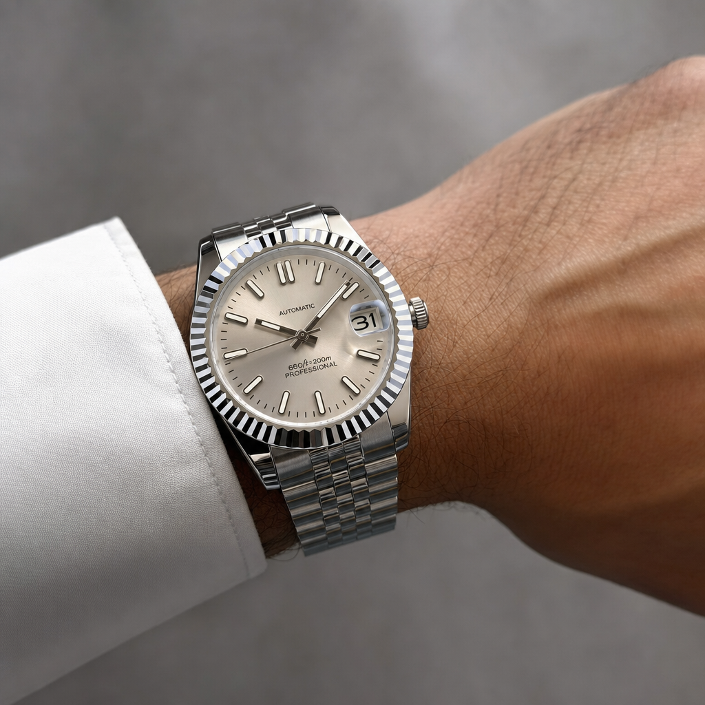 Montre Seiko mod SEIKOJUST champagne portée au poignet — Time2Seiko