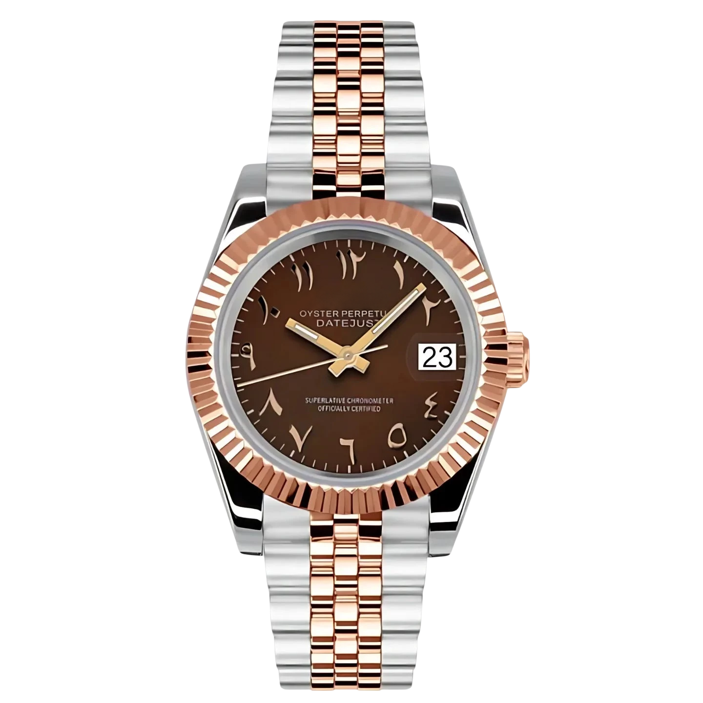 Montre Seiko mod SEIKOJUST chocolat or rose arabic, vue de face — Time2Seiko