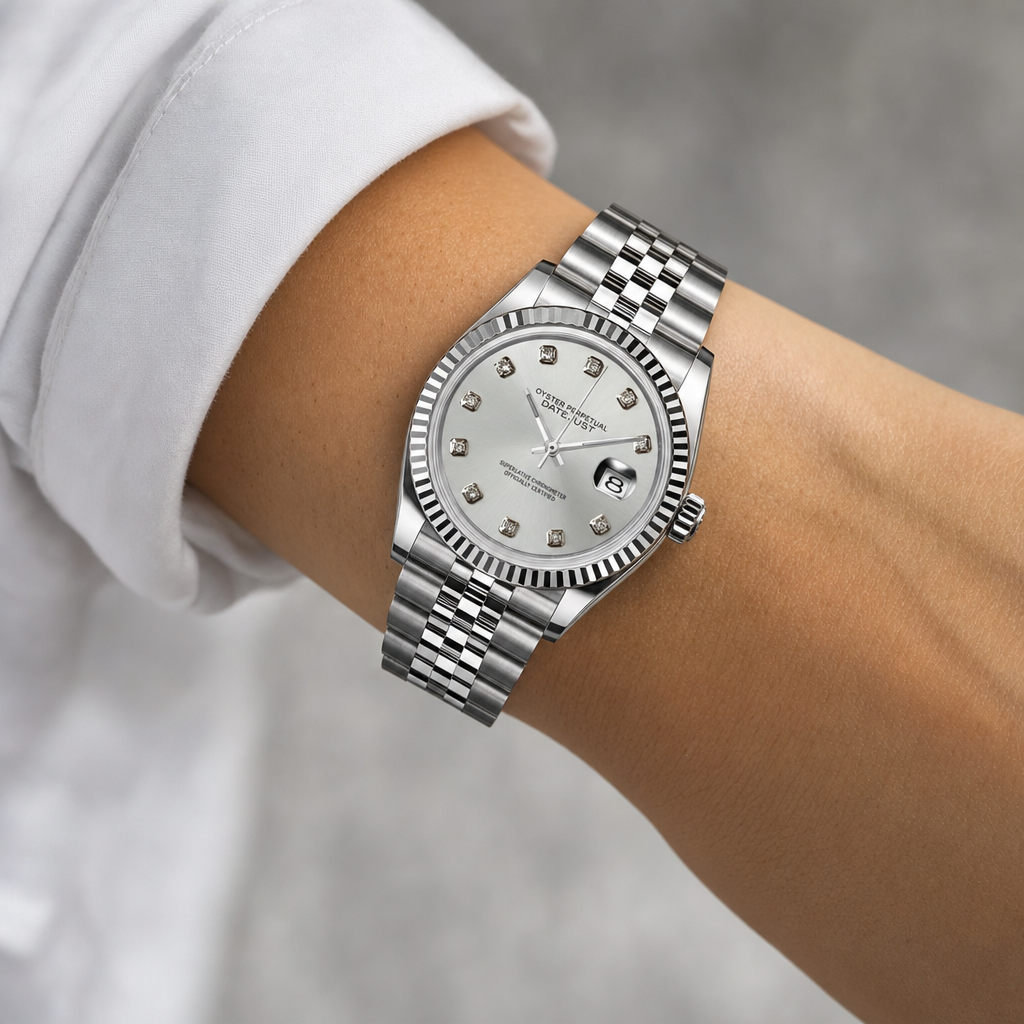 Montre Seiko mod SEIKOJUST femme diamants white portée au poignet — Time2Seiko