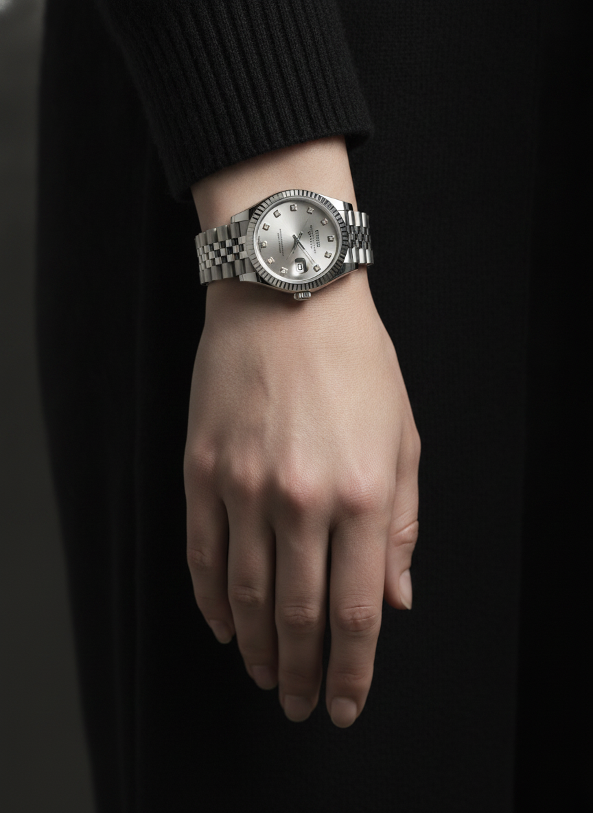 Montre Seiko Mod SEIKOJUST femme blanche diamants portée au poignet