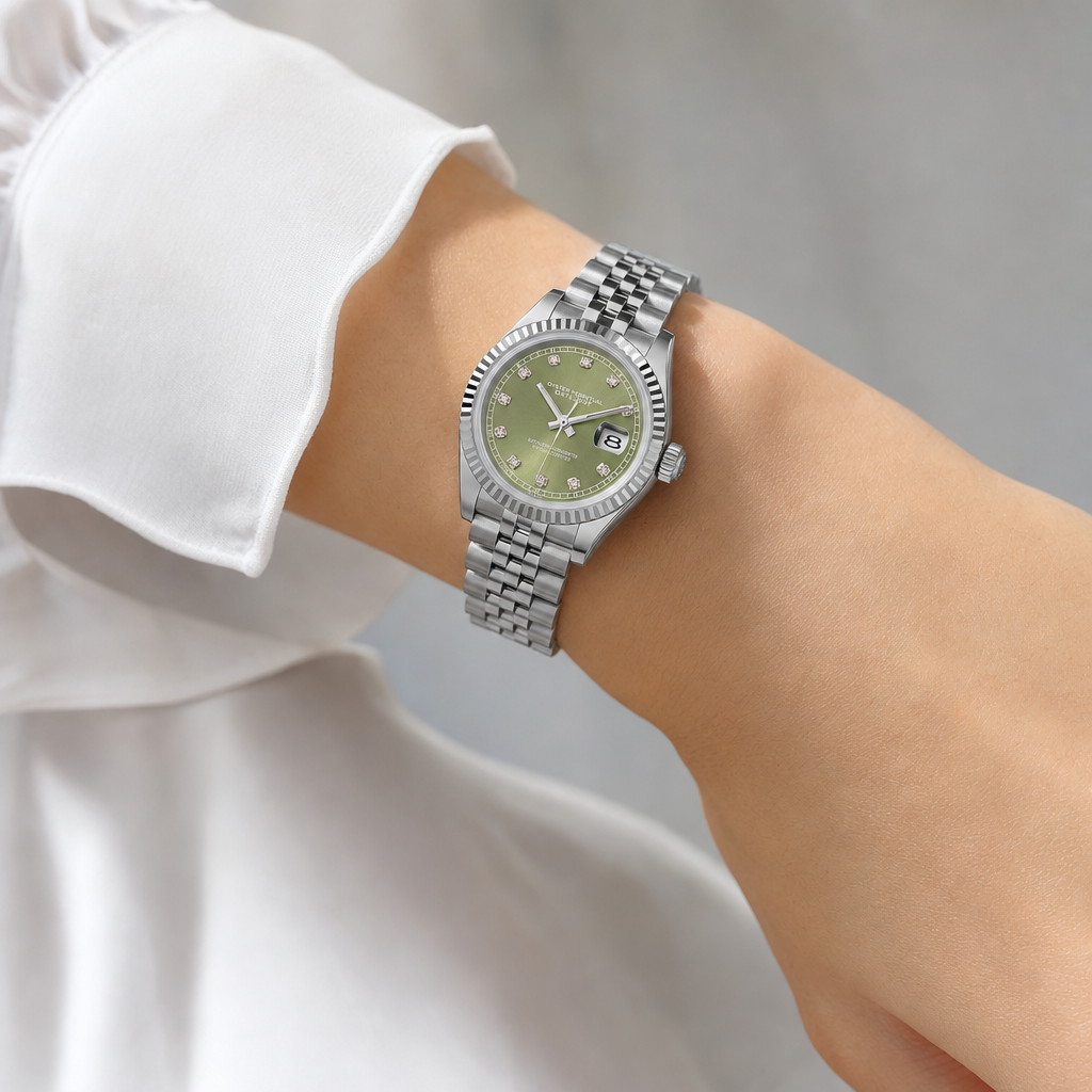 Montre Seiko mod SEIKOJUST femme olive diamants portée au poignet — Time2Seiko