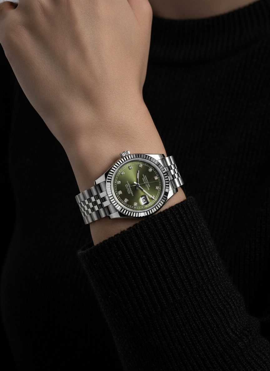 Montre Seiko Mod SEIKOJUST femme olive diamants portée au poignet