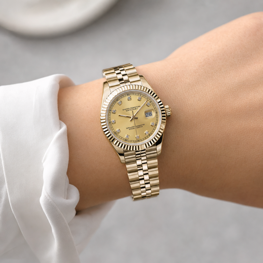 Montre Seiko mod SEIKOJUST femme or diamants portée au poignet — Time2Seiko