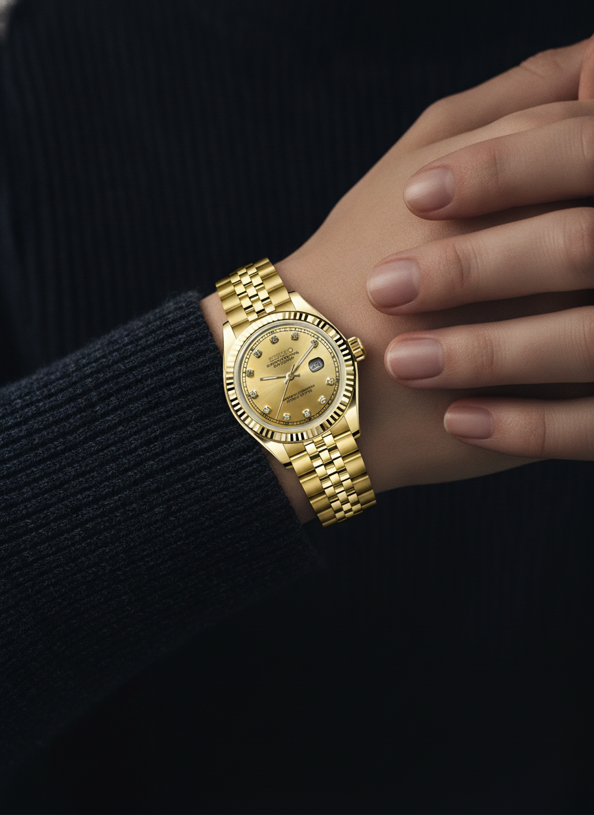 Montre Seiko Mod SEIKOJUST femme or diamants portée au poignet