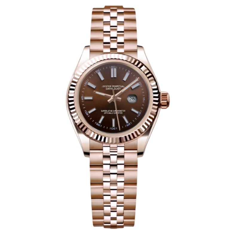 Montre Seiko mod SEIKOJUST femme or rose marron, sur fond blanc — Time2Seiko