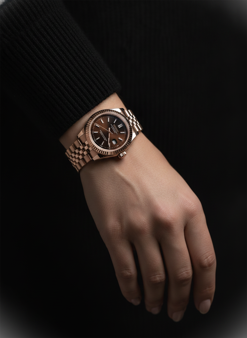 Montre Seiko Mod SEIKOJUST femme or rose marron portée au poignet