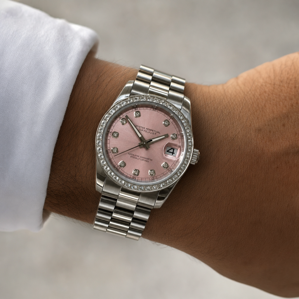 Montre Seiko mod SEIKOJUST rose femme portée au poignet — Time2Seiko