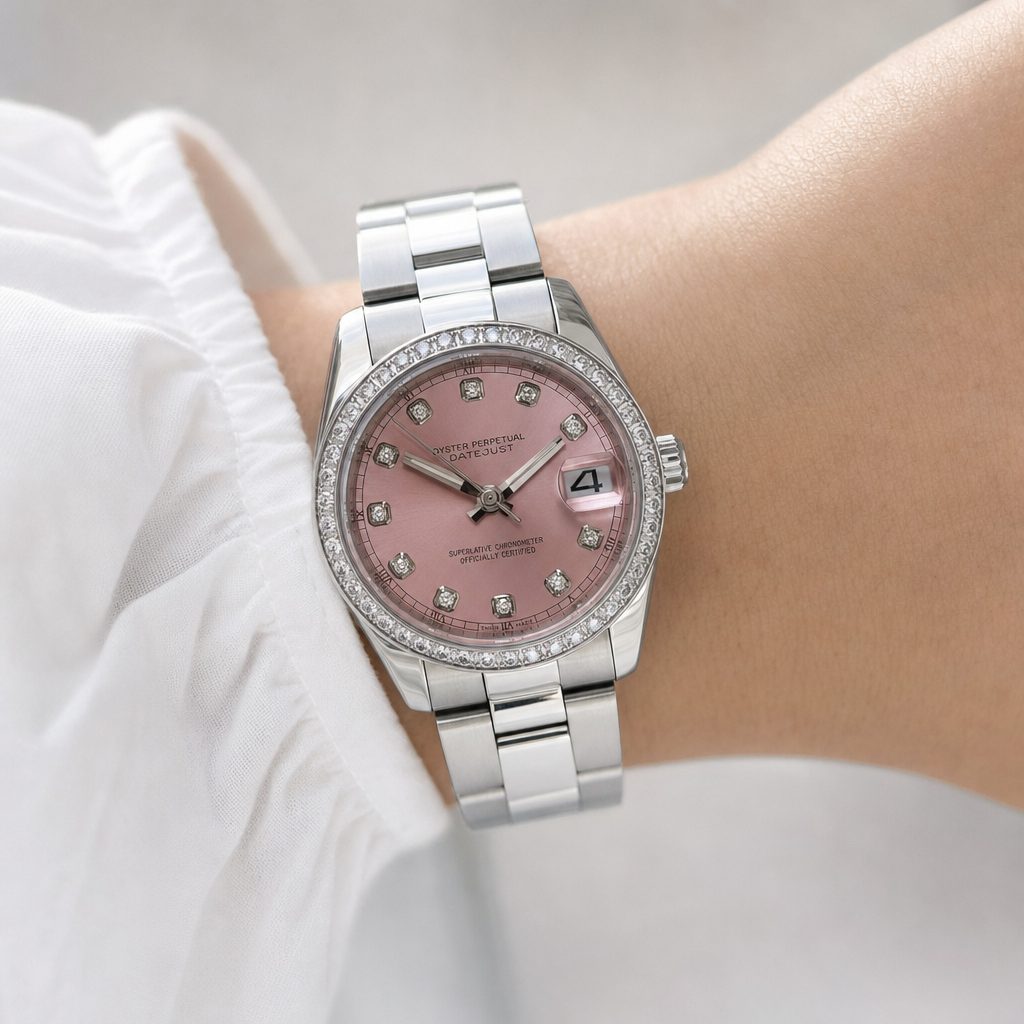 Montre Seiko mod SEIKOJUST rose femme portée au poignet — Time2Seiko