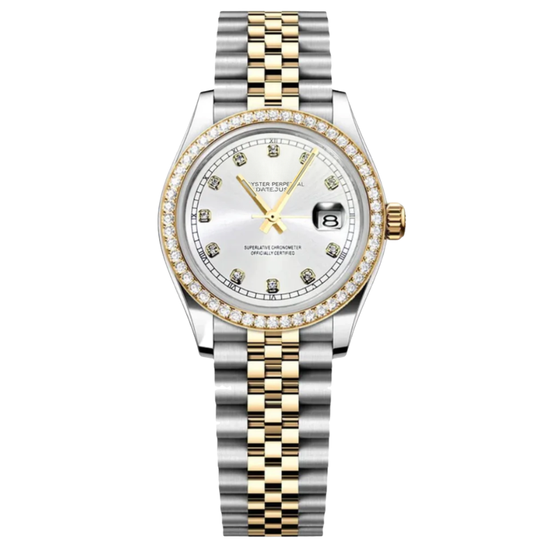 Montre Seiko mod SEIKOJUST femme argent / or diamants, sur fond blanc — Time2Seiko