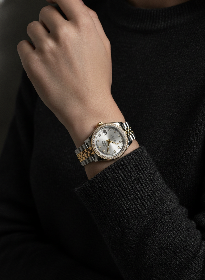 Montre Seiko Mod SEIKOJUST femme two-tone or diamants II portée au poignet