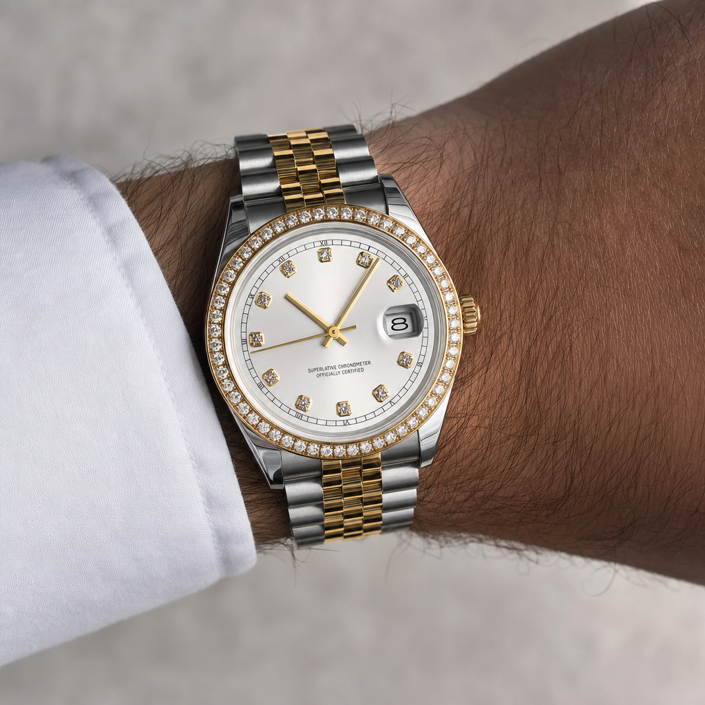 Montre Seiko mod SEIKOJUST femme argent / or diamants portée au poignet — Time2Seiko