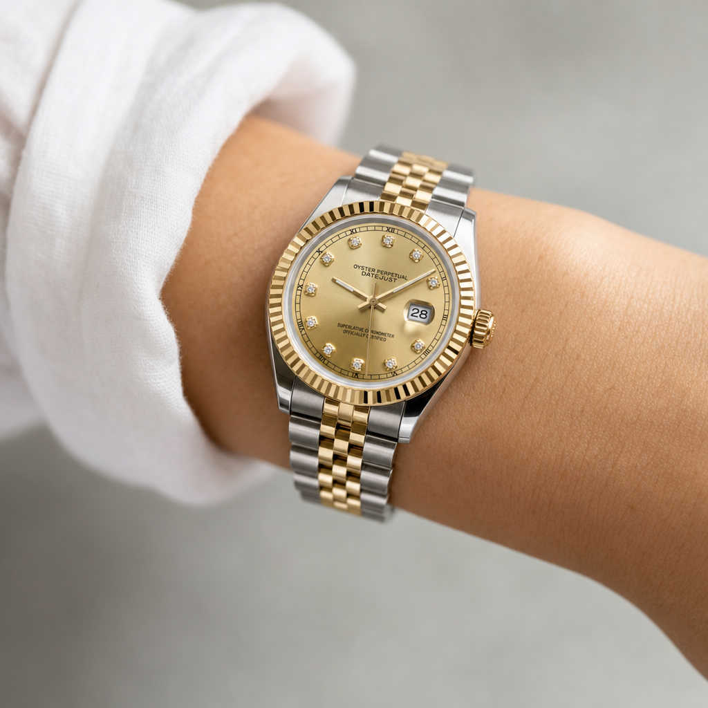 Montre Seiko mod SEIKOJUST femme argent / doré diamants portée au poignet — Time2Seiko