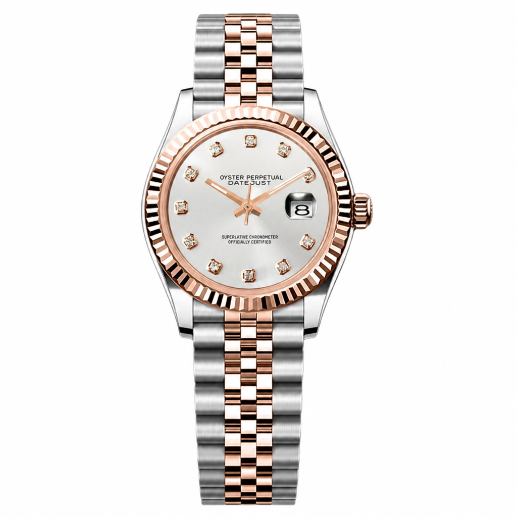 Montre Seiko mod SEIKOJUST femme argent / or rose white diamants, sur fond blanc — Time2Seiko