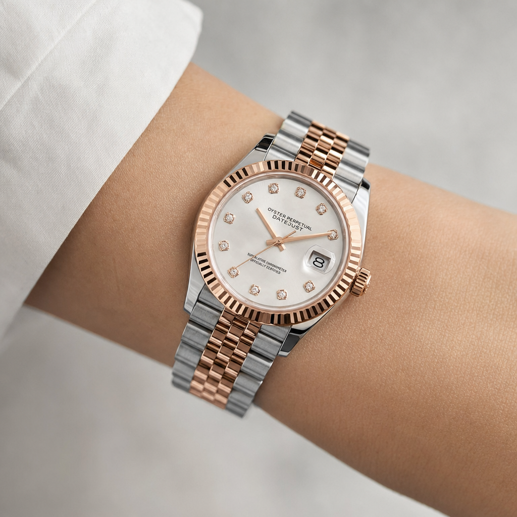 Montre Seiko mod SEIKOJUST femme argent / or rose white diamants portée au poignet — Time2Seiko