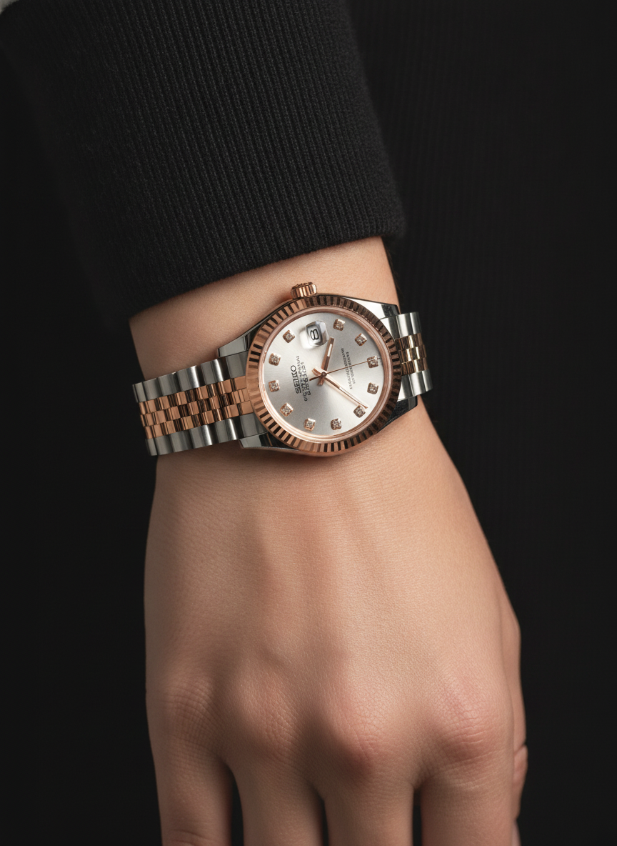 Montre Seiko Mod SEIKOJUST femme two-tone or rose blanche diamants portée au poignet