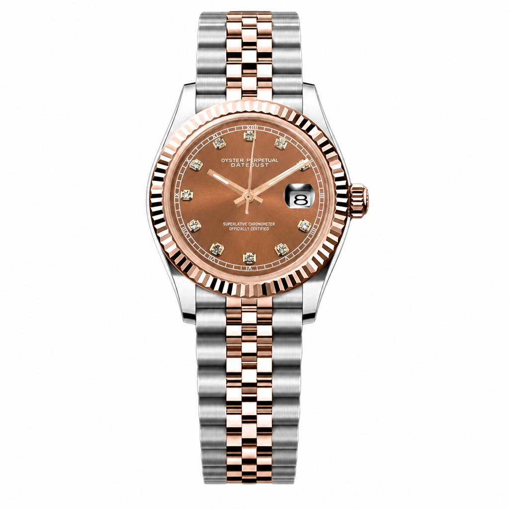 Montre Seiko mod SEIKOJUST femme argent / or rose diamants, sur fond blanc — Time2Seiko