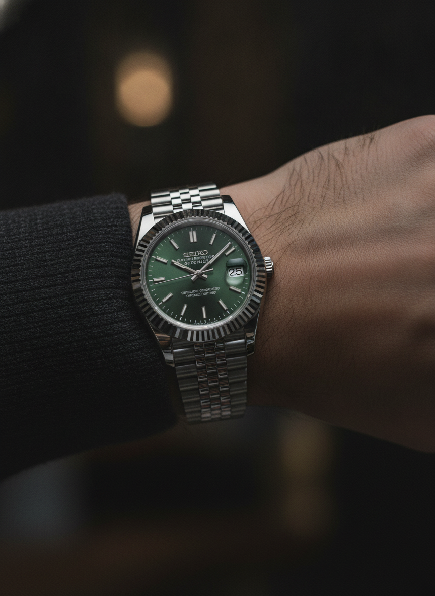 Montre Seiko Mod SEIKOJUST olive portée au poignet