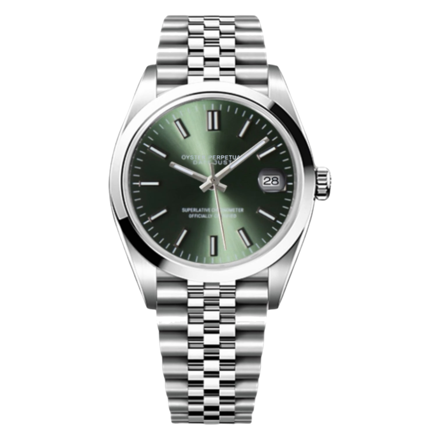 Montre Seiko mod SEIKOJUST olive smooth, sur fond blanc — Time2Seiko