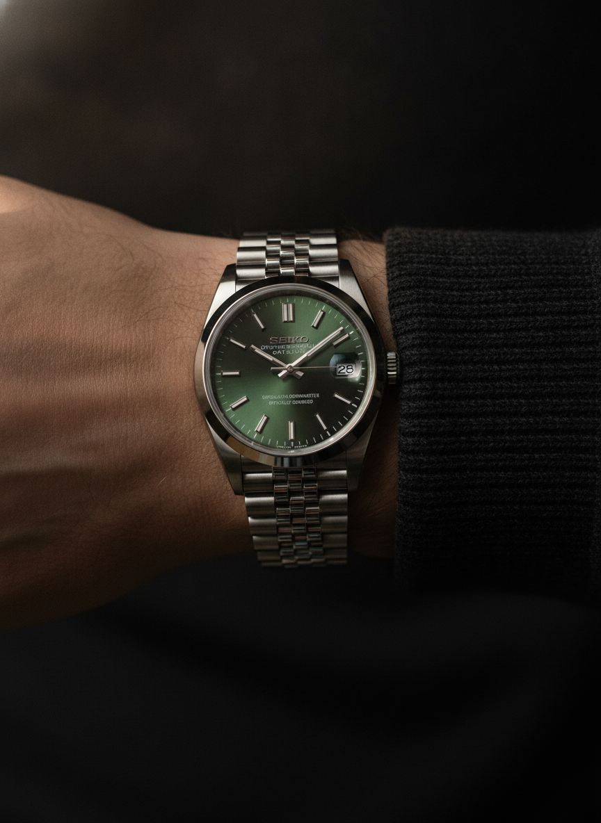 Montre Seiko Mod SEIKOJUST olive smooth portée au poignet