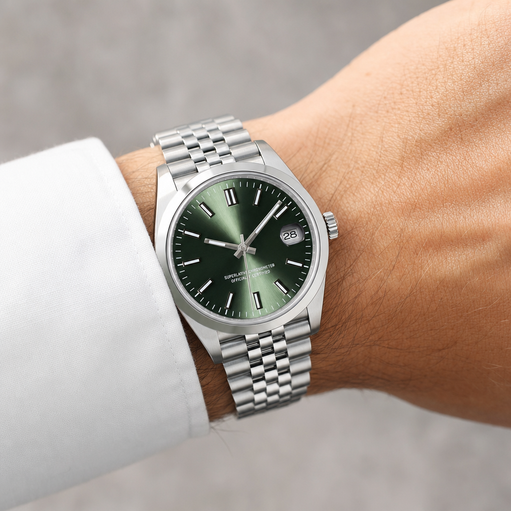 Montre Seiko mod SEIKOJUST olive smooth portée au poignet — Time2Seiko