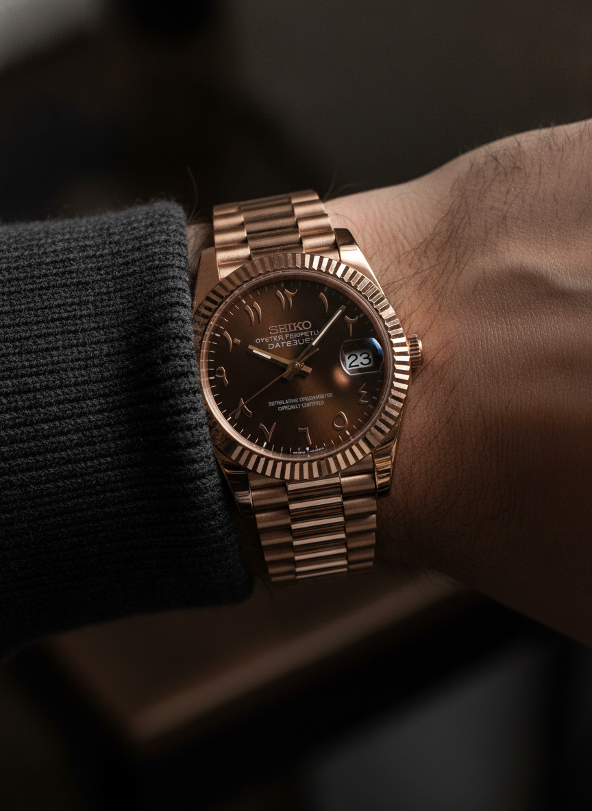 Montre Seiko Mod SEIKOJUST or rose arabic portée au poignet