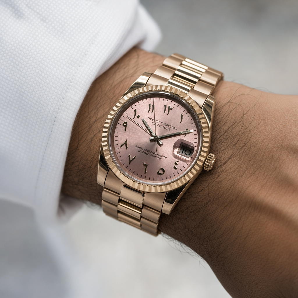Montre Seiko mod SEIKOJUST arabic or rose portée au poignet — Time2Seiko