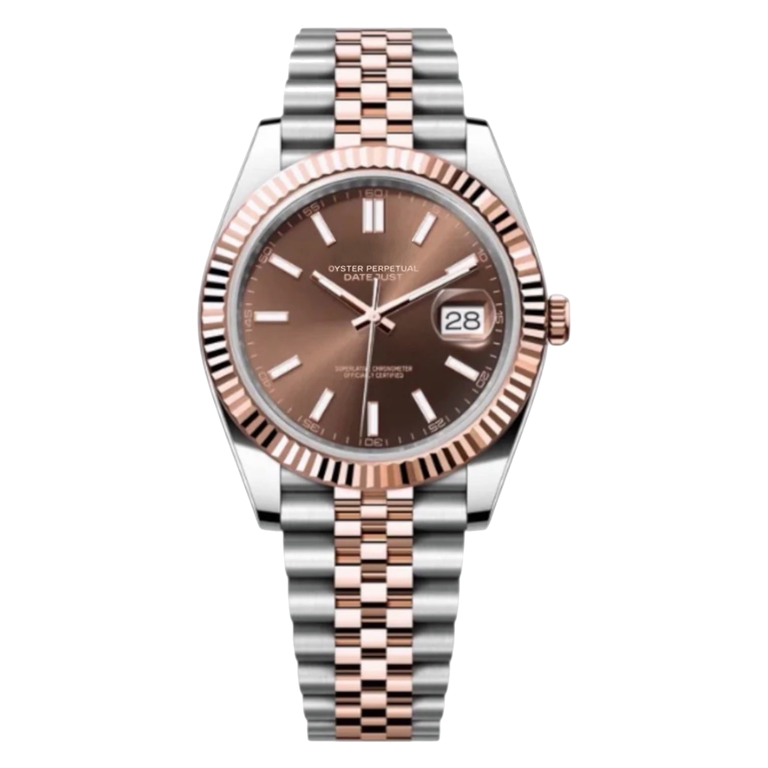 Montre Seiko mod SEIKOJUST or rose two-tone, sur fond blanc — Time2Seiko