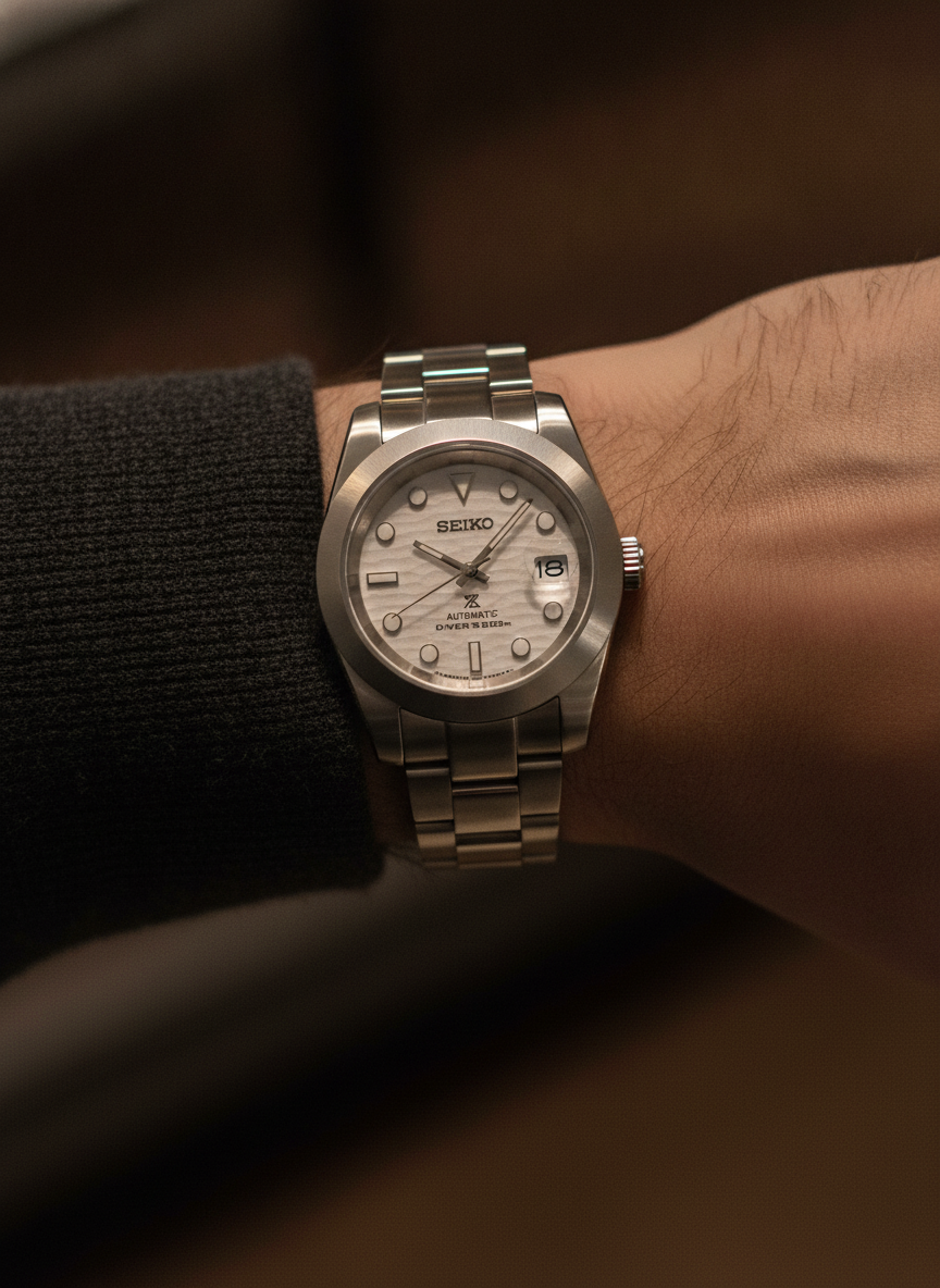 Montre Seiko Mod SEIKOJUST oyster snow portée au poignet